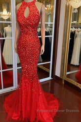 Luxurious Crystal Beaded Halter Mermaid Evening Dresses Leg Split Semi Formal Prom Gowns