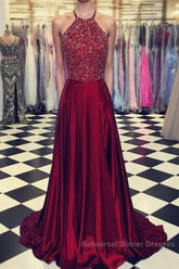 Luxurious Crystal Halter Semi Formal Prom Dresses Long Satin Leg Split Evening Gowns