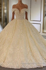 Luxury Long Ball Gown Off-the-Shoulder Lace Tulle Wedding Dress with Beading