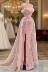 Luxury Mermaid Pink Floor Length Sleeveless Sequin Semi Formal Prom Dress