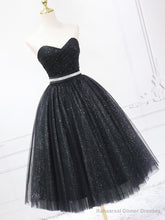 Black Shiny Tulle Tea Length Prom Dress, Black Strapless A-Line Party Dress