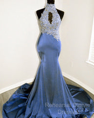 Magenta Mermaid Lace Applique Halter Semi Formal Prom Dresses