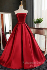Maroon Satin Strapless Ball Gowns Quinceanera Dresses