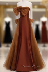Mermaid Brown Tulle Satin Strapless Long Party Dress Formal Dress Evening Prom Dress