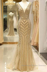 Mermaid Deep V-Neck Gold Beaded Semi Formal Prom Dress