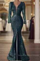 Mermaid Green Long Sleeve Sequin Semi Formal Prom Dress