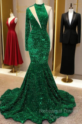 Mermaid Green Sequin Semi Formal Prom Dress One Shoulder High Neck