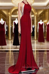 Mermaid Halter Burgundy Long Semi Formal Prom Dresses
