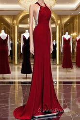 Mermaid Halter Burgundy Long Evening Prom Dress