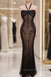 Mermaid Halter Neck Tulle Applique Long Semi Formal Prom Dress