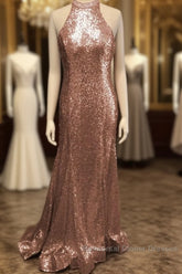 Mermaid Halter Rose Gold Semi Formal Prom Dress