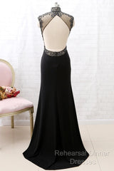Mermaid High Neck Beaded Jersey Black Formal Evening Semi Formal Prom Gown With Slit