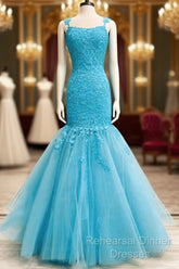 Mermaid Ice Blue Semi Formal Prom Dresses Lace Embroidery