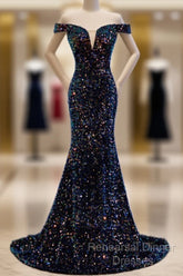 Mermaid Navy Blue Sequins Evening Dress With Off The Shoulder Top Semi Formal Prom Dress Formal Dress