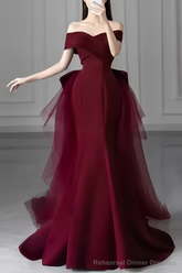 Mermaid Off Shoulder Evening Dress with Bow Burgundy Prom Dress