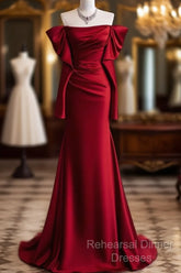 Mermaid Off The Shoulder Burgundy Long Satin Semi Formal Prom Dresses