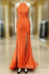 Mermaid Orange Semi Formal Prom Dresses Halter Neck Split