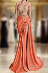 Mermaid Peach Semi Formal Prom Dresses Appliques With Slit