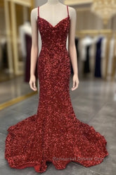 Mermaid Red Spaghetti Straps Velvet Sequin Semi Formal Prom Dress