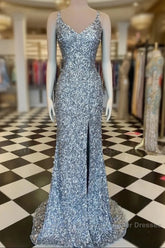 Mermaid Silver Sequin Semi Formal Prom Dress V-Neck Long Formal Gown Slit