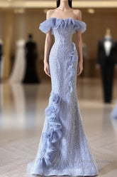 Mermaid Strapless Blue Sequin Semi Formal Prom Dresses Evening Dress