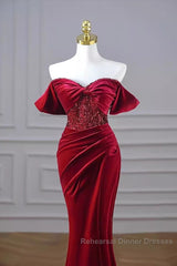 Mermaid Strapless Burgundy Velvet Semi Formal Prom Dresses Evening Dress