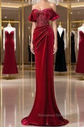 Mermaid Strapless Burgundy Velvet Semi Formal Prom Dresses Evening Dress