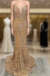 Mermaid Strapless Gold Sequin Semi Formal Prom Dresses