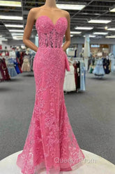 Mermaid Strapless Hot Pink Corset Appliques Long Formal Dress