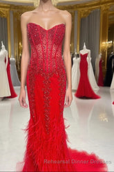 Mermaid Strapless Sequin-Embroidered Long Semi Formal Prom Dress with Feathers