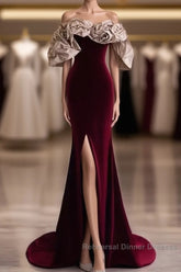 Mermaid Strapless Wine Red Long Semi Formal Prom Dress