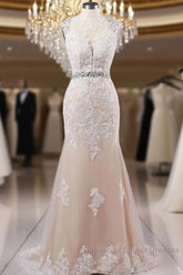 Mermaid Sweep Train Open Back Tulle Semi Formal Prom Appliques Wedding Dress