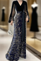 Mermaid / Trumpet Sparkle Gothic Semi Formal Prom Formal Evening Dress V Neck Long Sleeve Floor Length Sequined Velvet With Sash / Ribbon Sequin