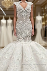 Mermaid V-neck Floor Length Backless Tulle Beading Applique Wedding Dresses