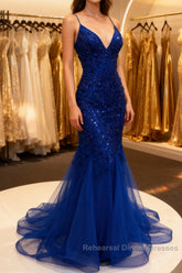 Mermaid V Neck Royal Blue Beade Applique Tulle Long Semi Formal Prom Dress, Evening Dress