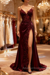Mermaid V Neck Satin Lace Burgundy Long Semi Formal Prom Dress, Burgundy Long Formal Dress