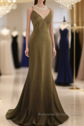 Mermaid V-Neck Satin Long Semi Formal Prom Dress Elegant Spaghetti Strap Formal Dress