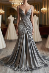 Mermaid V Neck Silver Spaghetti Straps Satin Long Semi Formal Prom Dress Sexy Evening Dress