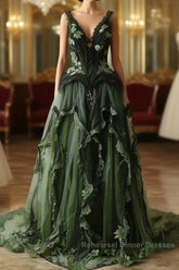 Mermaid V-Neck Tulle Applique Long Semi Formal Prom Dress Vintage Lace Formal Evening Dress