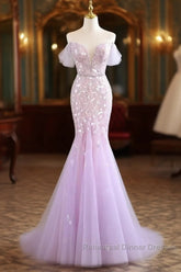 Mermaid V Neck Tulle Sequin Purple Long Semi Formal Prom Dress, Purple Long Formal Dress