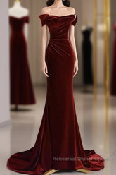 Mermaid Velvet Burgundy Long Semi Formal Prom Dress, Burgundy Long Evening Dress