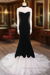 Mermaid Velvet Tulle Black Long Semi Formal Prom Dress, Black Long Formal Dress