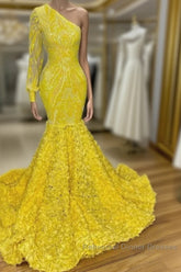 Mermaid Yellow One Shoulder Long Sleeve Semi Formal Prom Dress