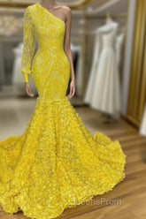 Mermaid Yellow One Shoulder Long Sleeve Evening Prom Dress