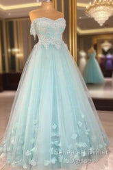 Mint Blue Sweetheart Tulle With Lace And Flowers Formal Dress, Tulle Long Semi Formal Prom Dress Party Dress