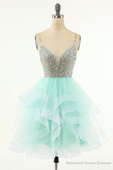 Mint Green Homecoming Dresses Straps V-Neck Multi-Layer Beaded Prom Dresses