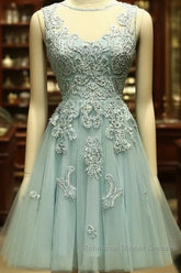 Mint Green Tulle Short Lace Beaded Knee Length Wedding Party Dress, Lovely Homecoming Dress Semi Formal Prom Dress