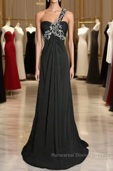 Modest A Line One Shoulder Gray Chiffon Long Semi Formal Prom Dress Party Dress