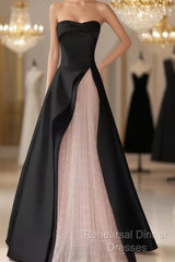Modest A Line Strapless Long Satin Black Semi Formal Prom Dresses