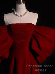 Modest A Line Strapless Long Short Sleeves Satin Red Semi Formal Prom Dresses